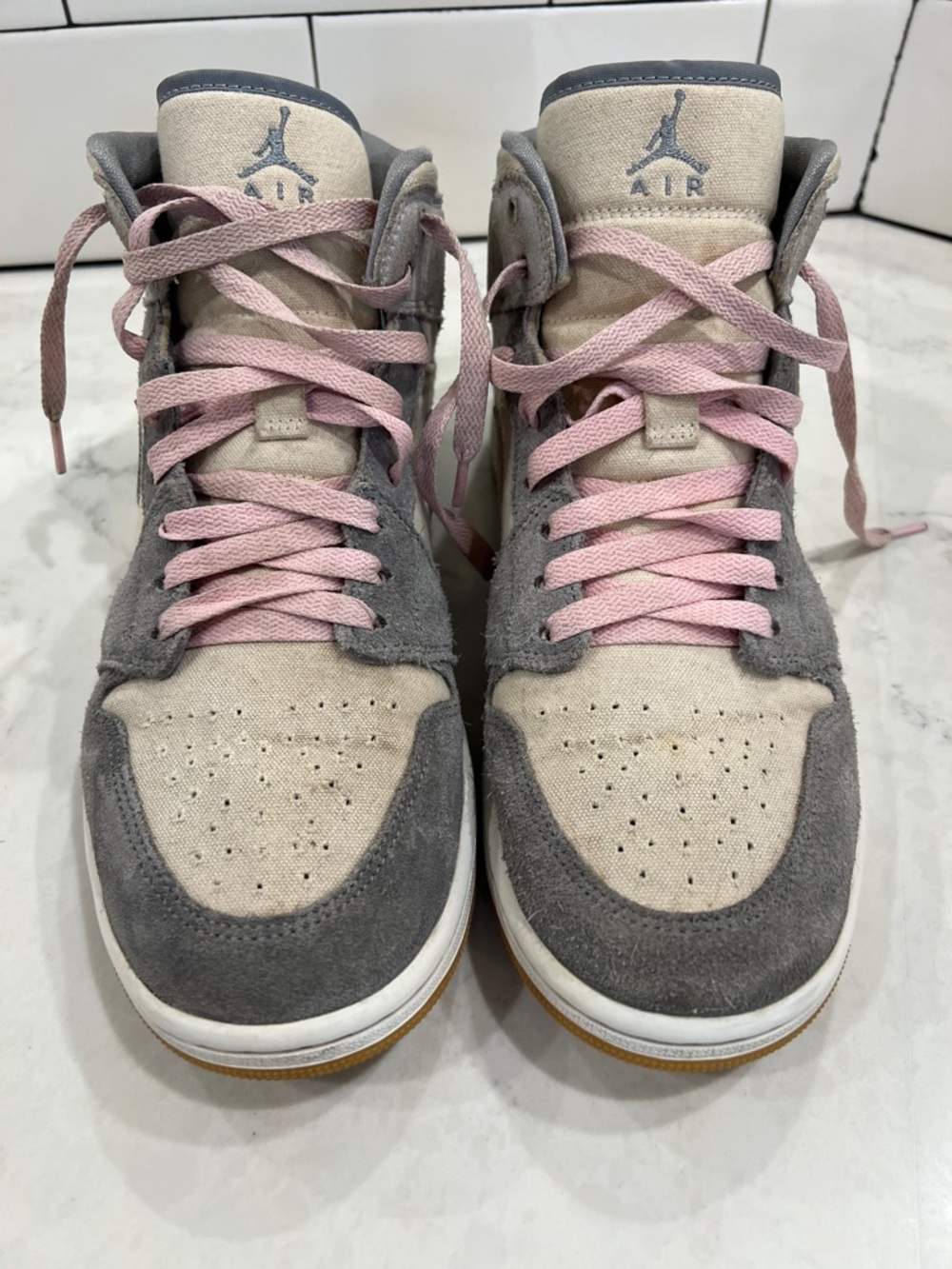 Nike air Jordan 1 mid - coconut milk (off white) color canvas & grey suede. 10.5